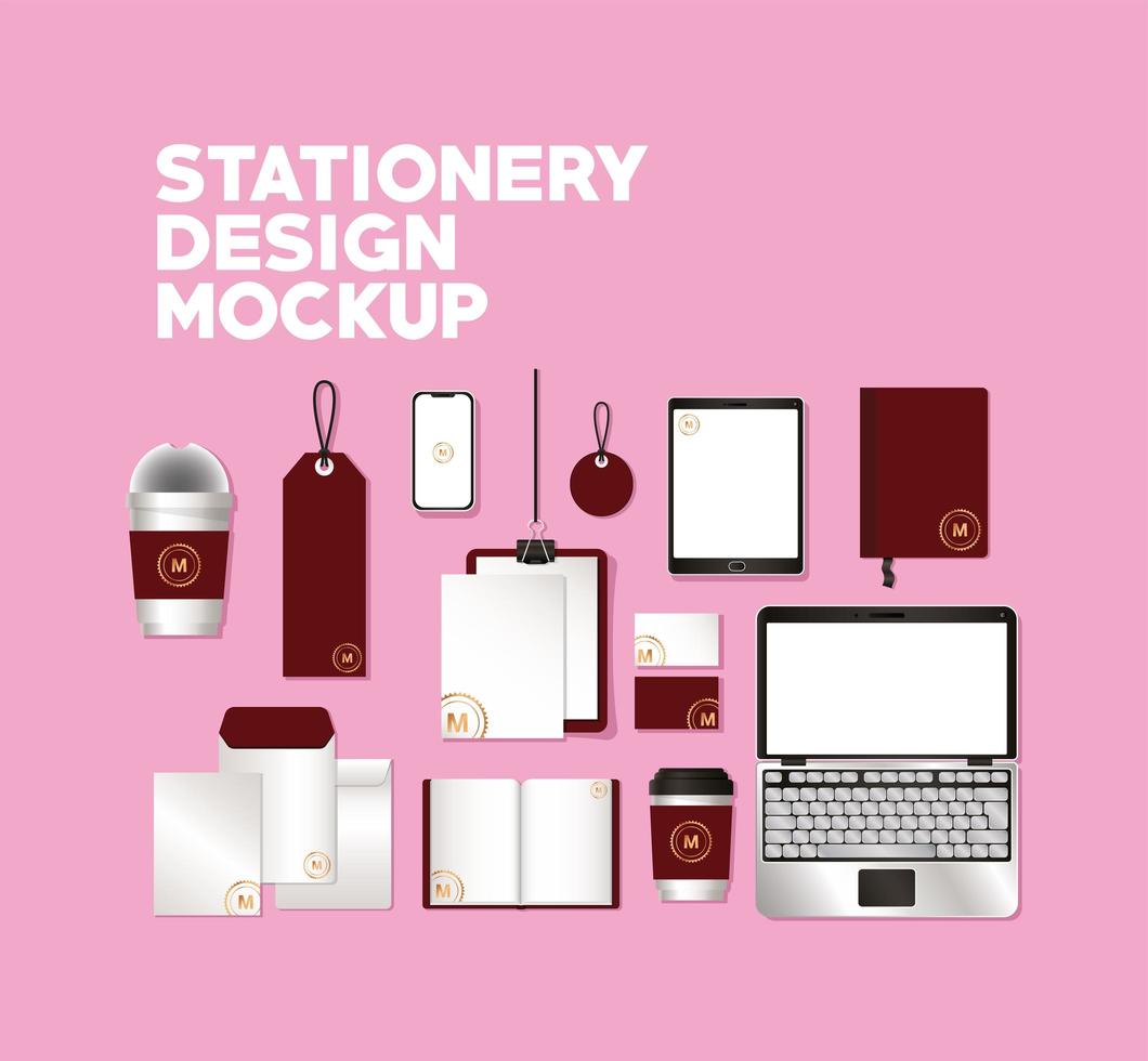 Mockup set with dark red branding design vector