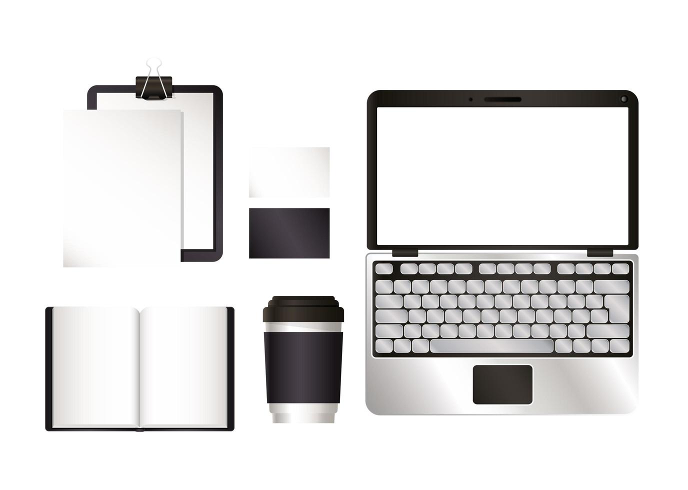 maqueta de portátil y conjunto con diseño de marca negro vector