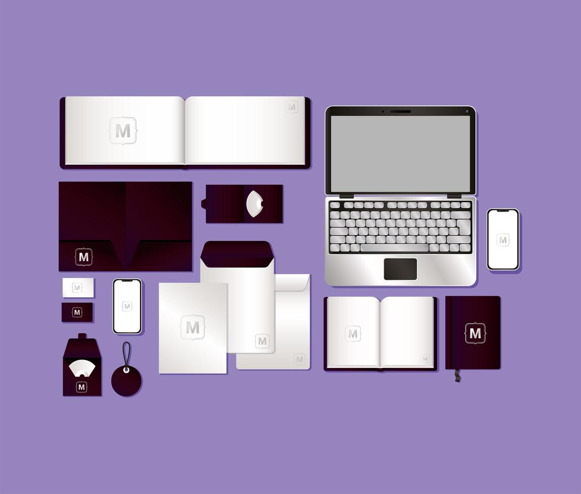 Mockup set with dark purple branding design vector