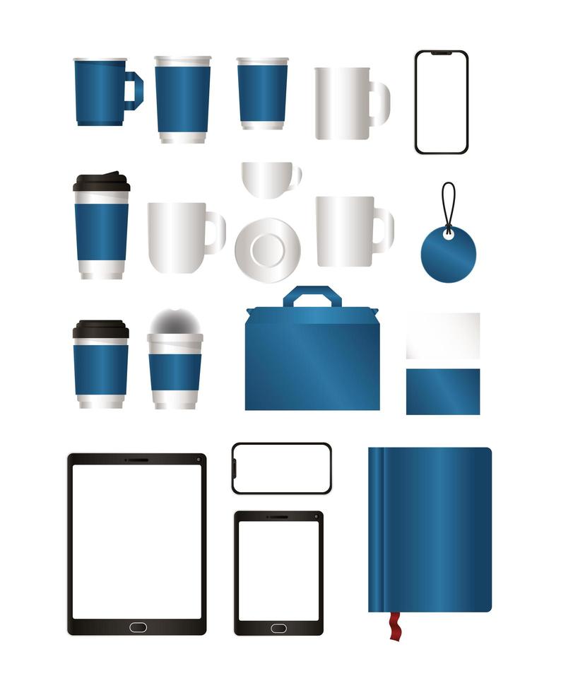 Mockup set with blue branding design vector