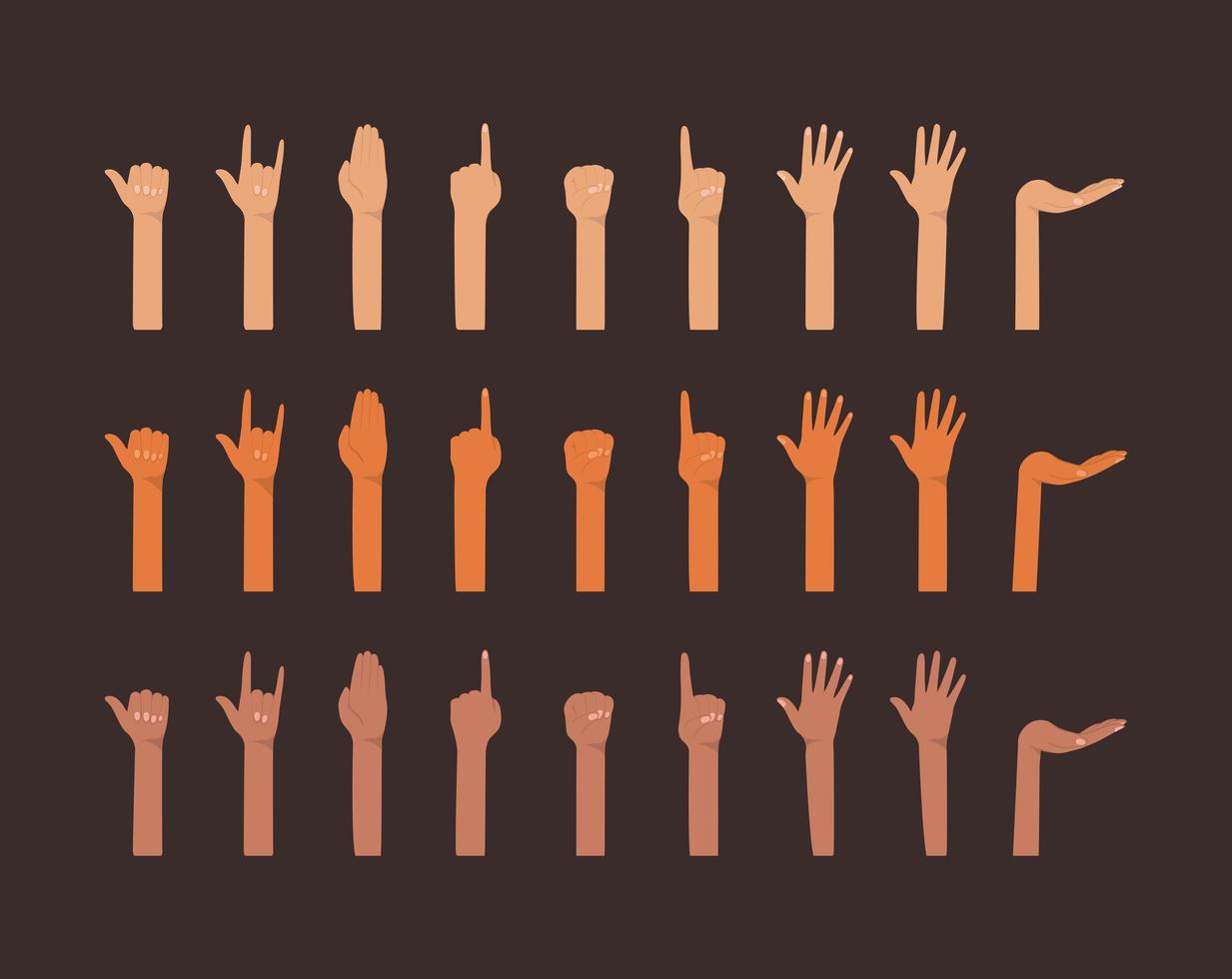 Hands up of different types of skins design vector