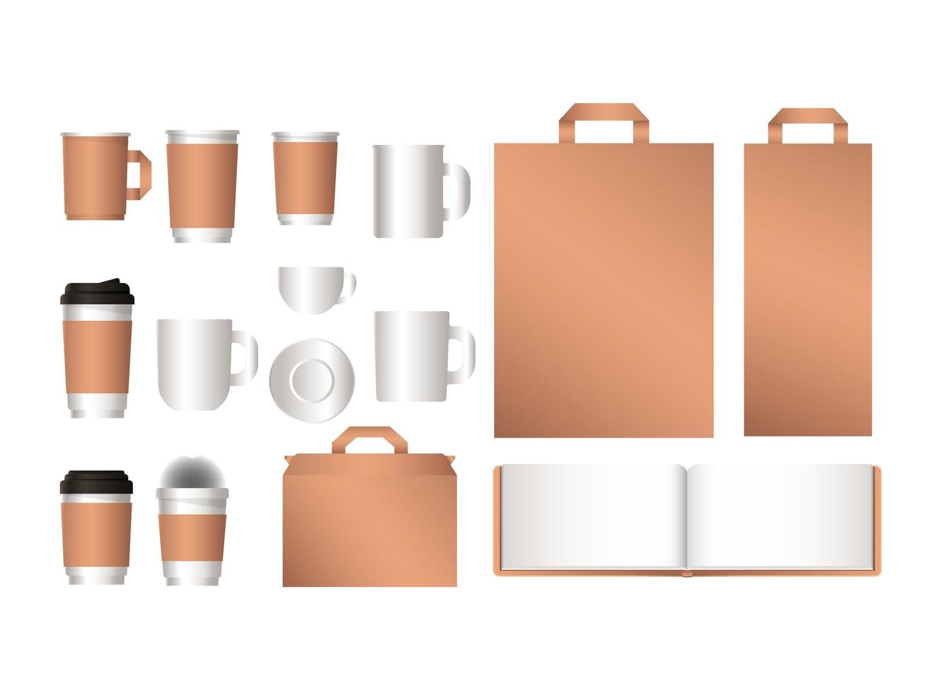 maqueta de bolsas de cuaderno y diseño de tazas de café. vector