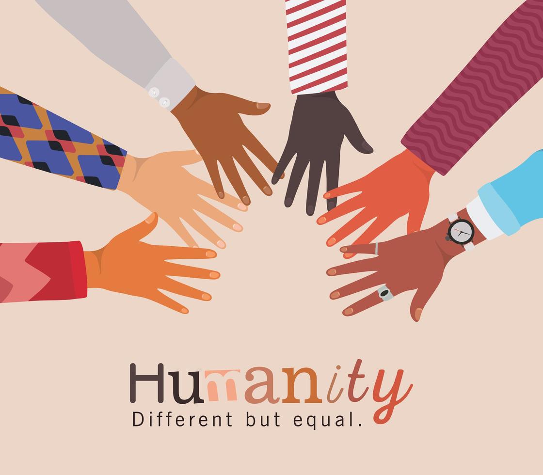 humanidad diferente pero igual y diversidad de manos vector