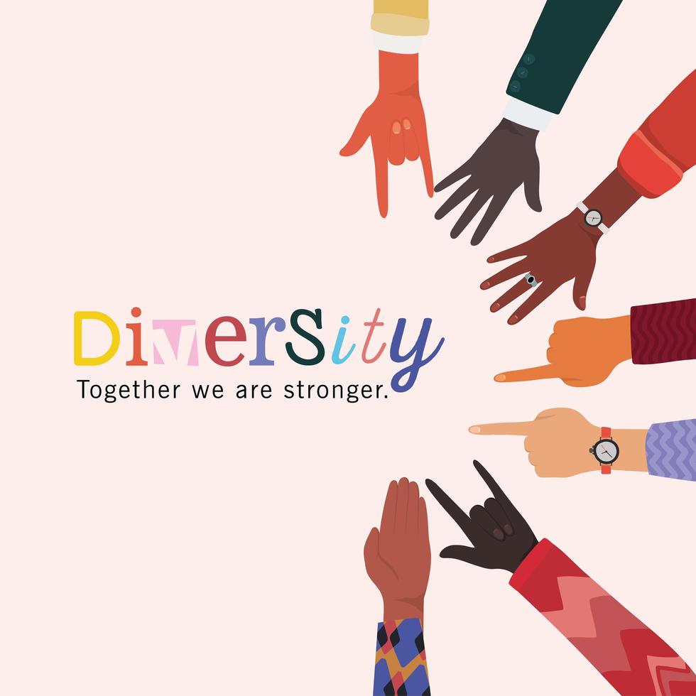 diversidad juntos somos más fuertes manos diseño de signos vector