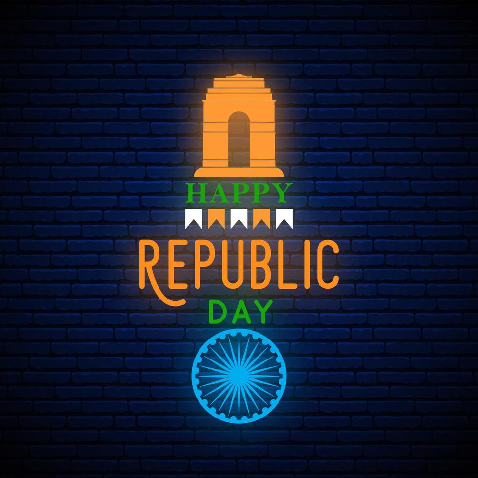 Happy India Republic Day neon vertical greeting banner. vector