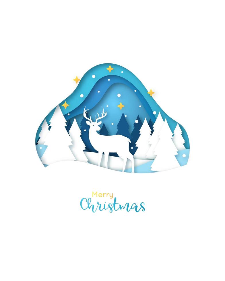 Paper art deer in winter snowy forest paper art vector