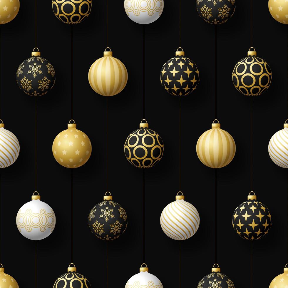 Christmas black, white, gold hanging ornaments seamless pattern vector