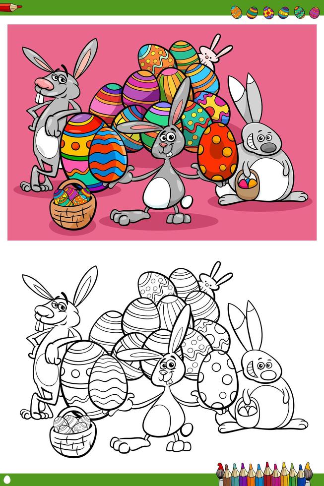 Easter bunnies holiday characters coloring book page vector