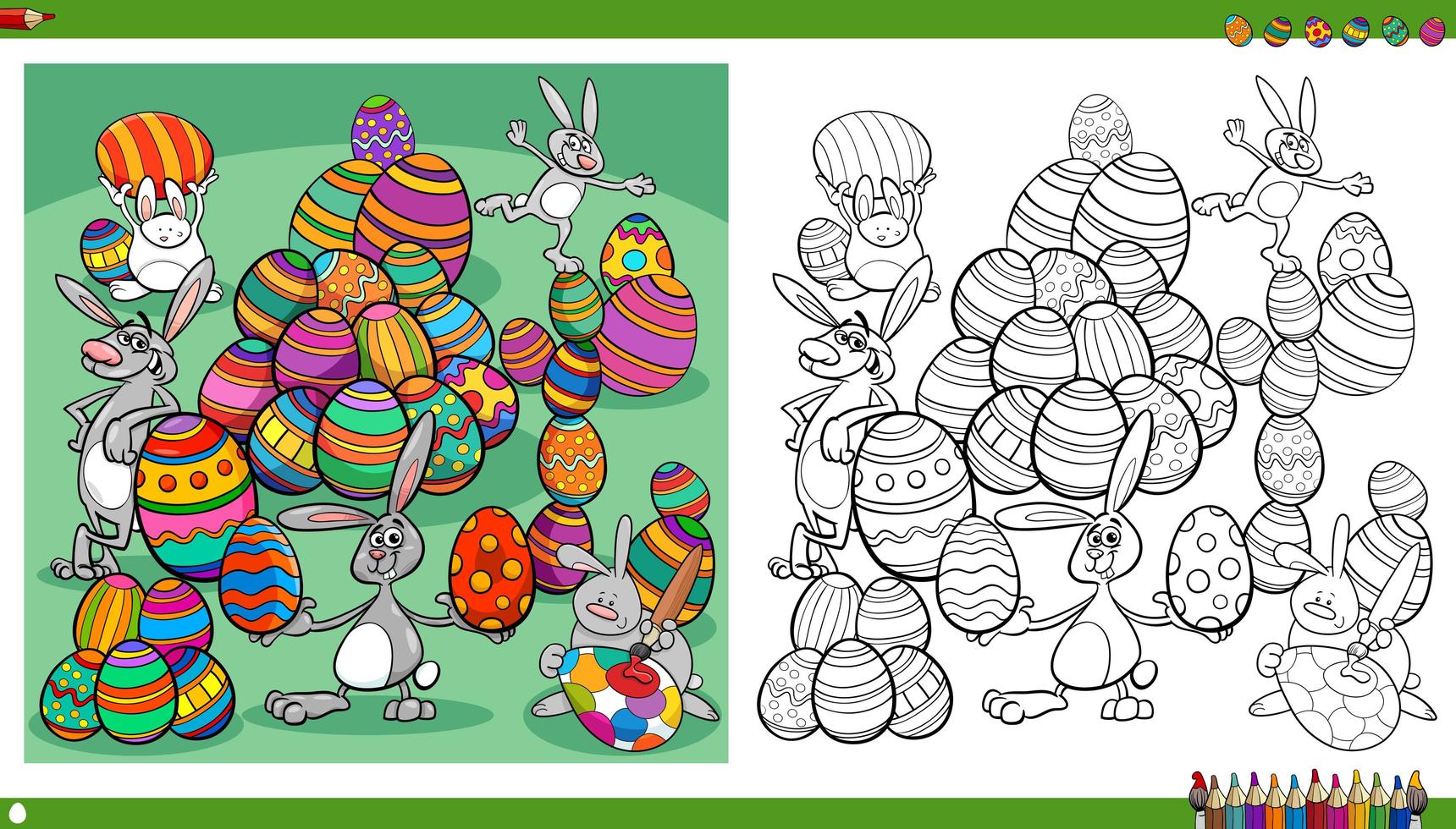 Easter bunnies with color eggs coloring book page vector