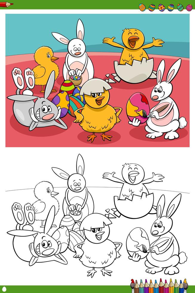 Easter holiday characters coloring book page. vector