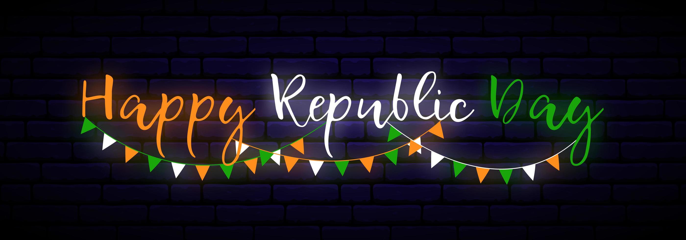 Happy India Republic Day neon horizontal banner. vector