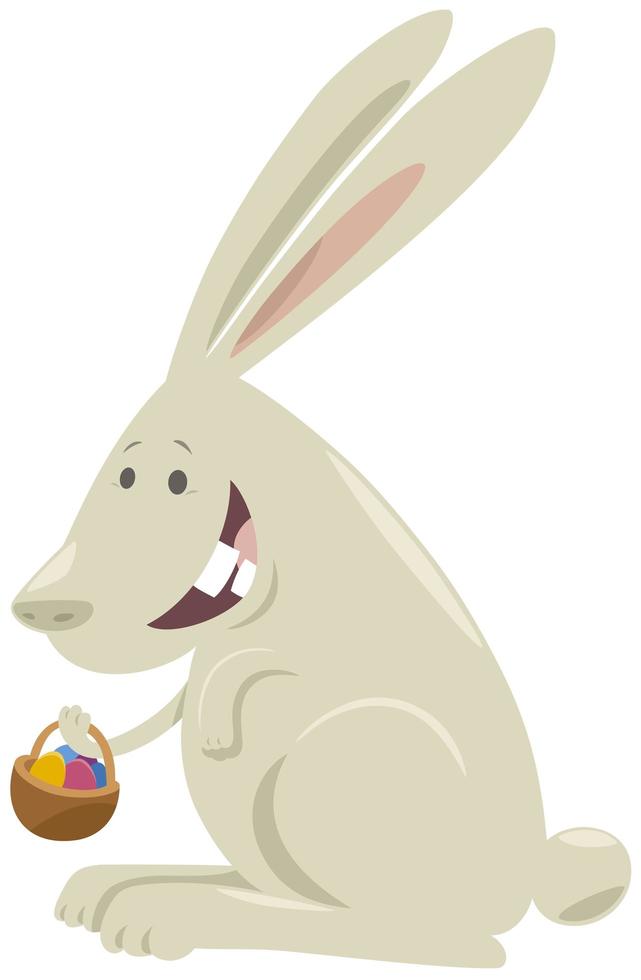 conejito de pascua de dibujos animados con canasta de huevos de colores vector