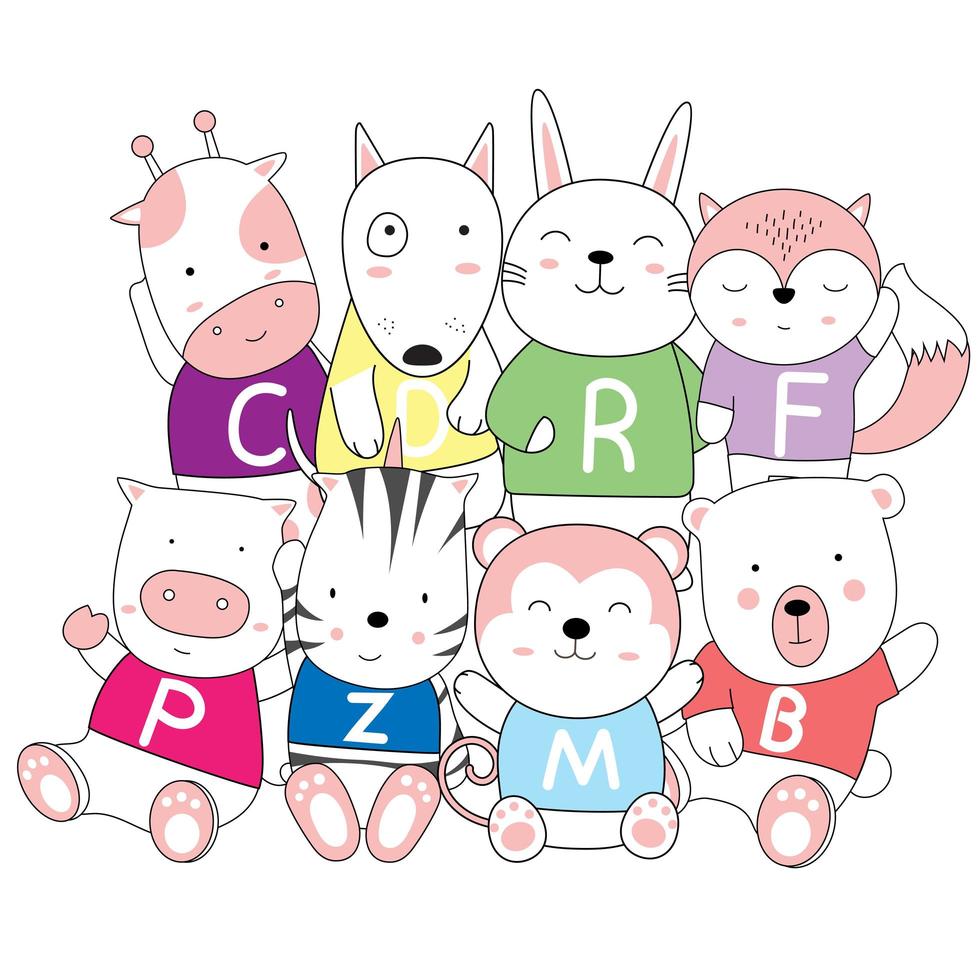 Cartoon sketch of cute baby animals in shirts vector