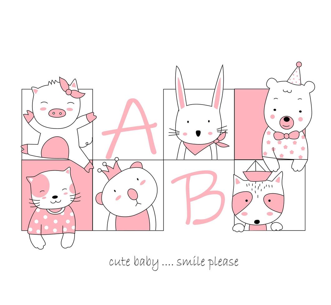 Hand drawn cute baby animals in square frames vector