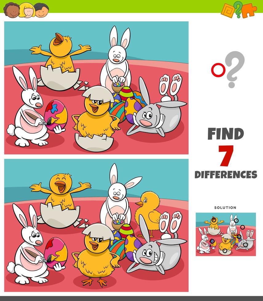 Differences game with comic Easter characters vector