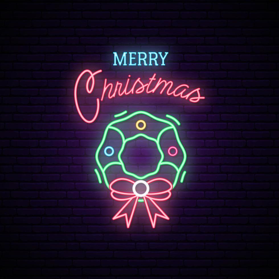 Christmas Wreath Neon Sign. vector