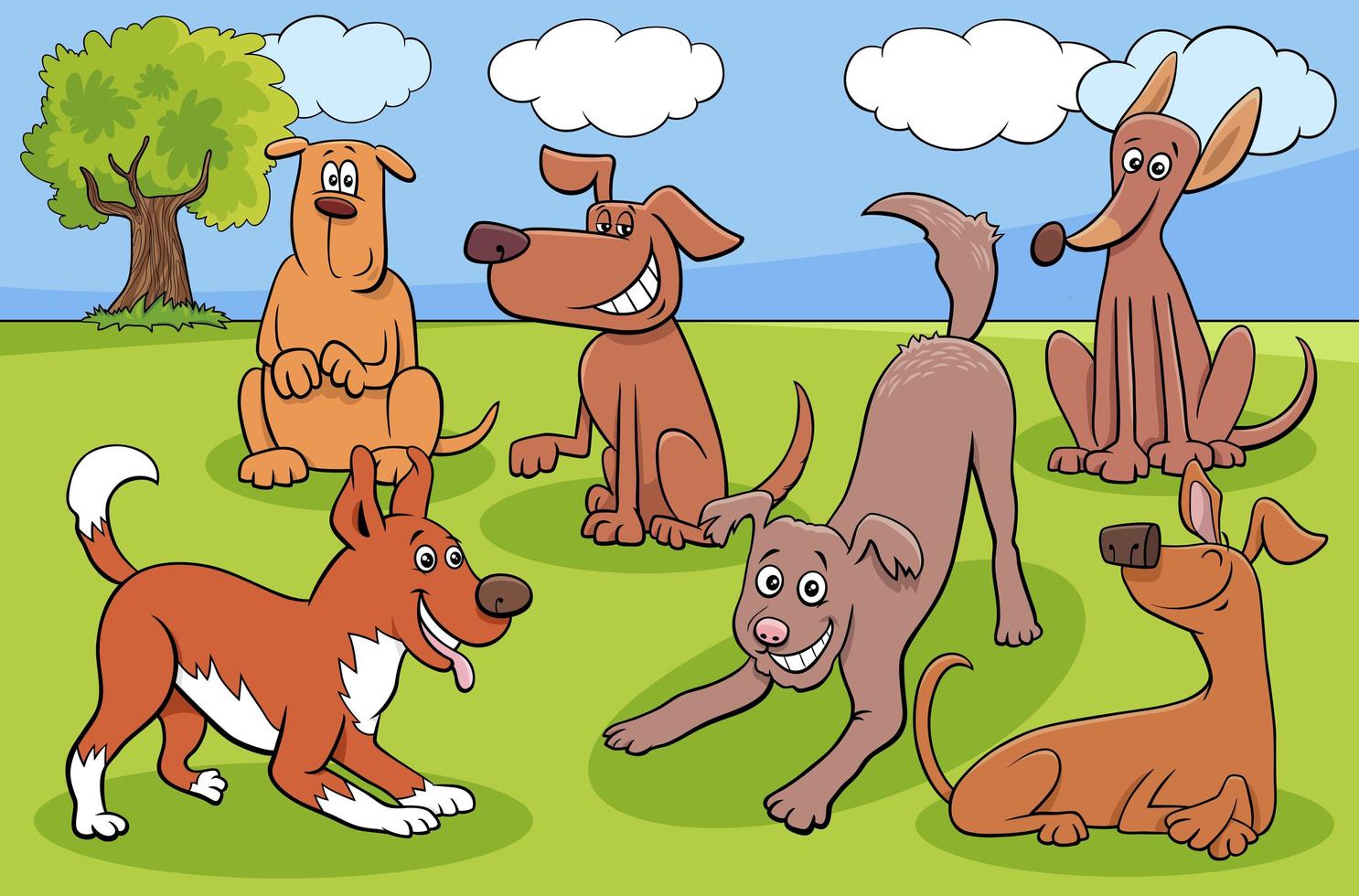 Cartoon dogs and puppies characters group in park vector