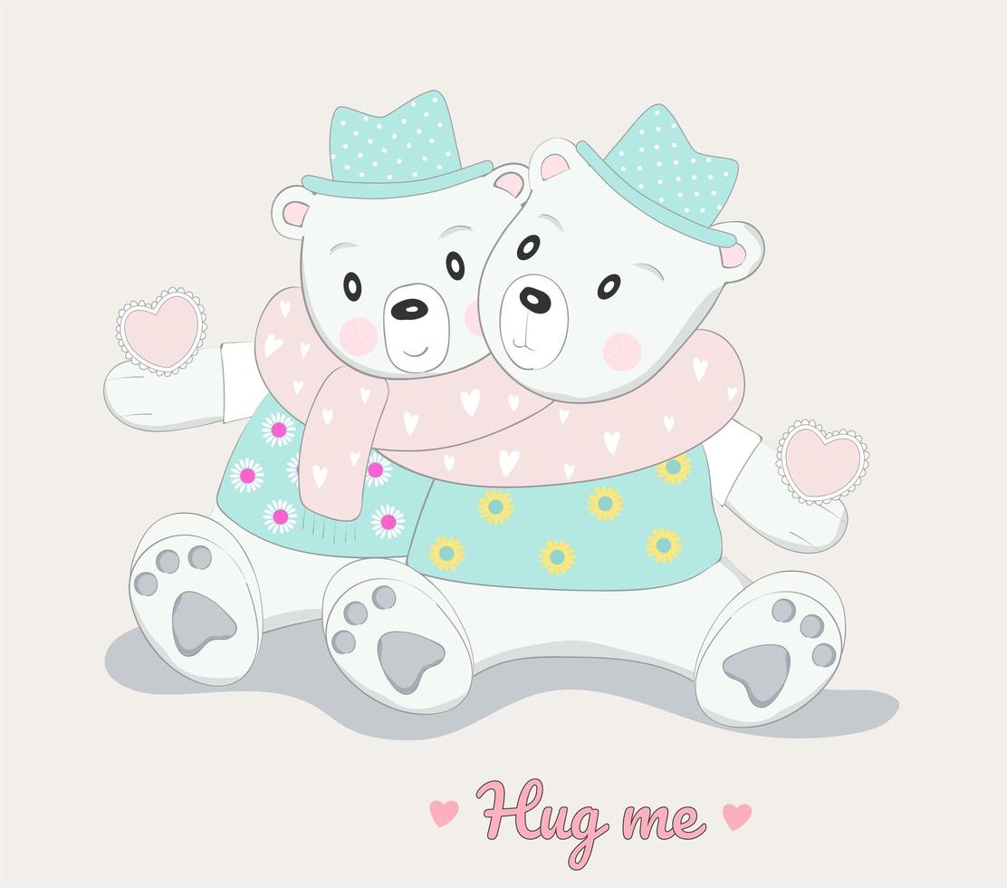 Cute baby bear characters hugging vector