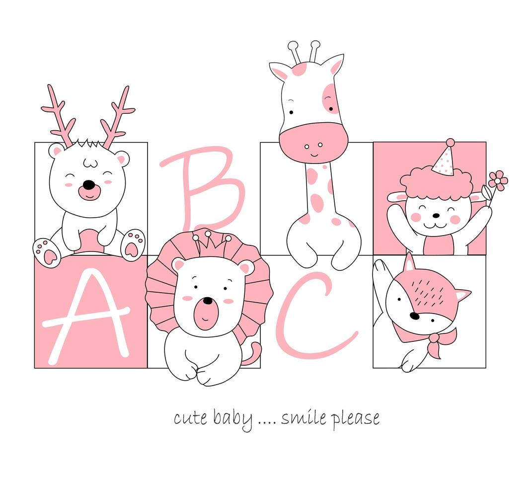 Hand drawn cute baby animals in square frames vector