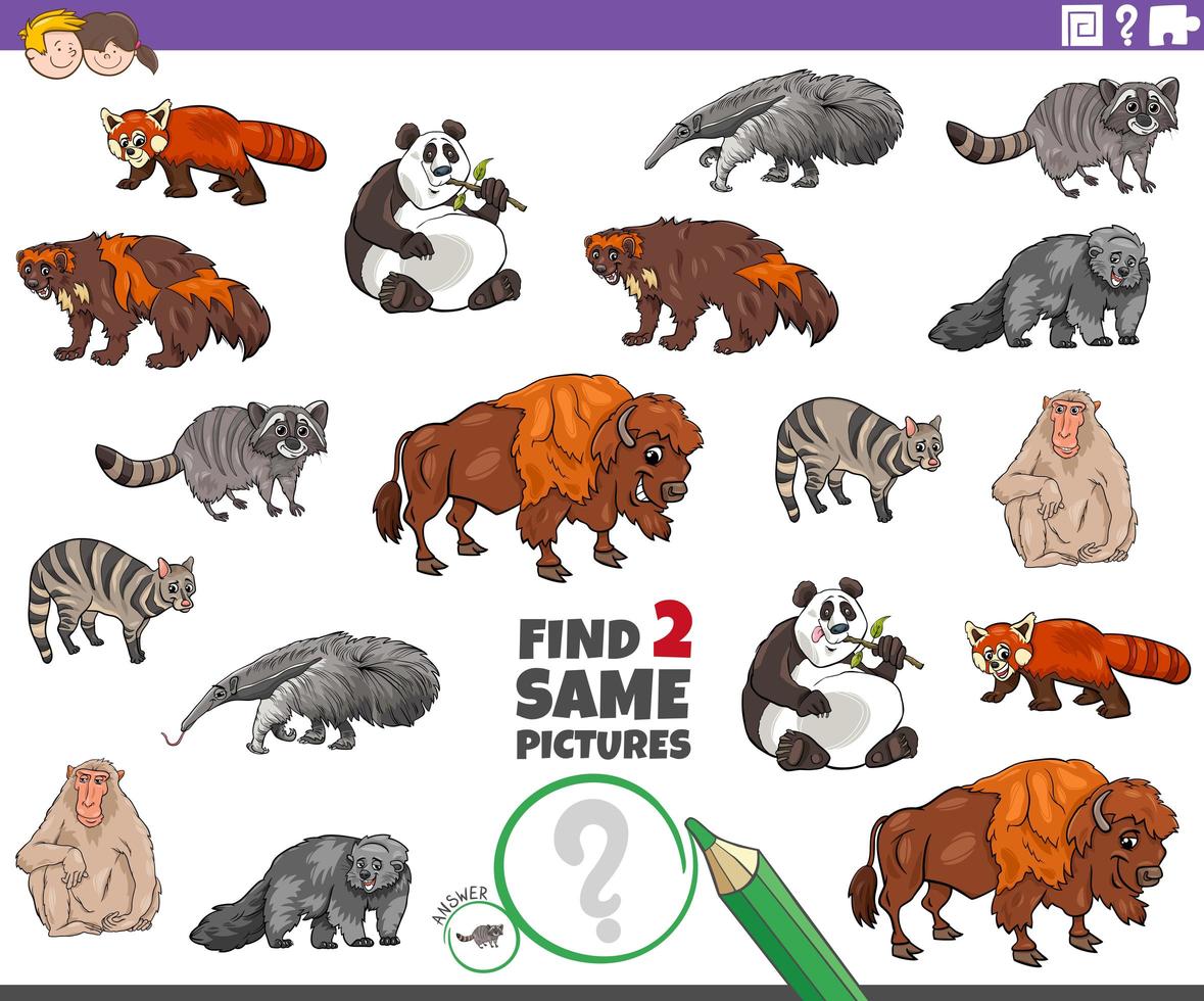 Find two same animal characters game for kids vector