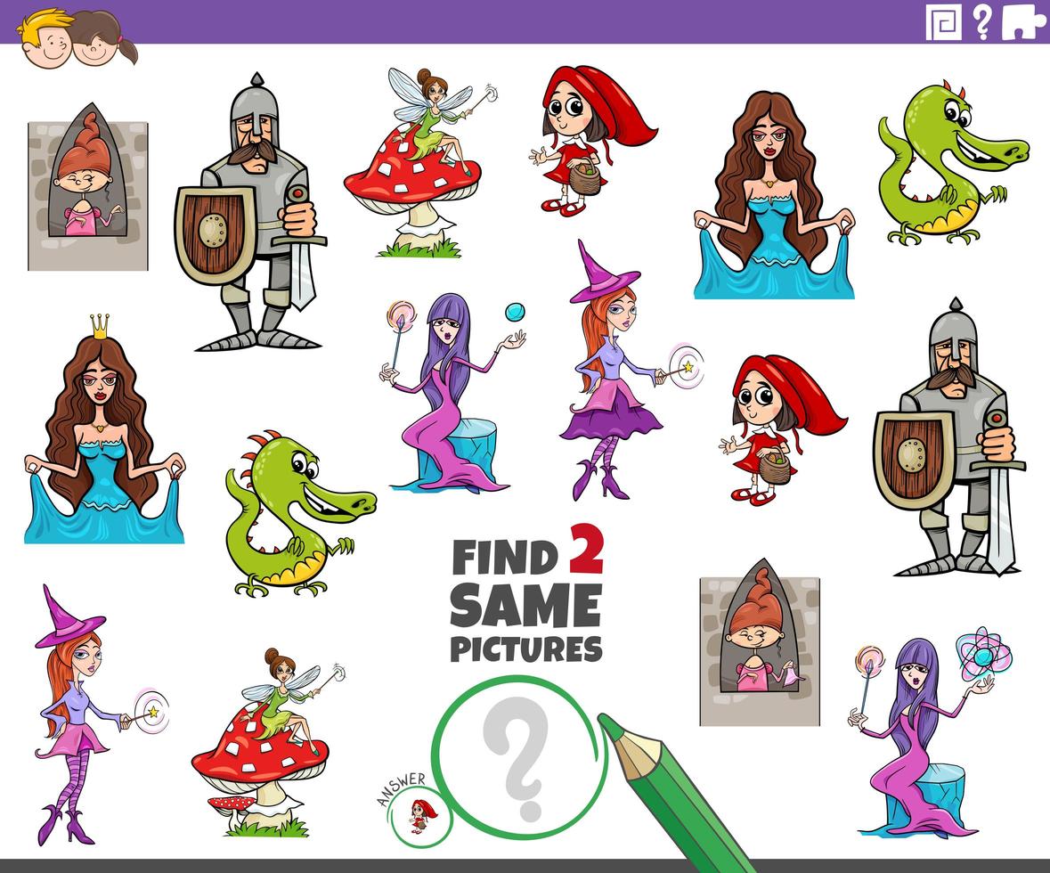 encontrar dos mismos personajes de fantasía tarea para niños vector