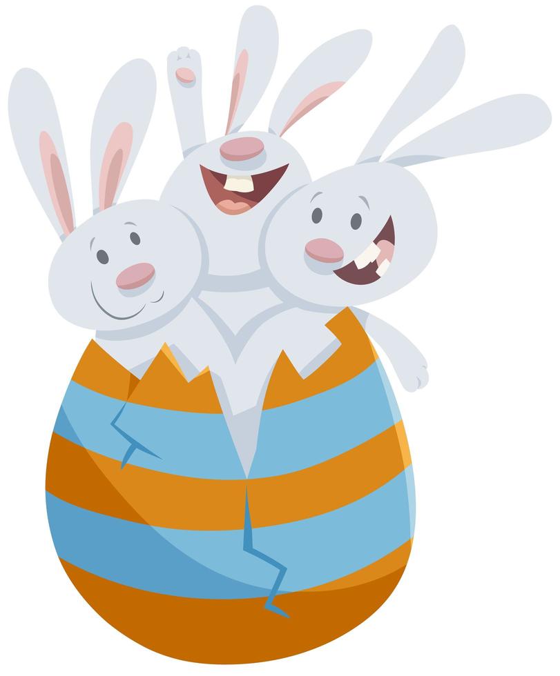 Easter bunnies in big colored egg cartoon vector