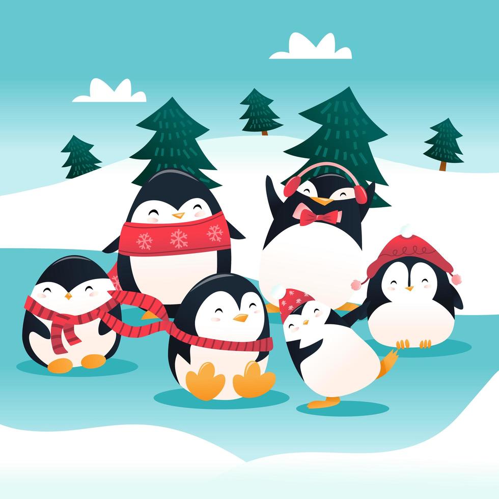 grupo de pingüinos de vacaciones de dibujos animados super lindo vector