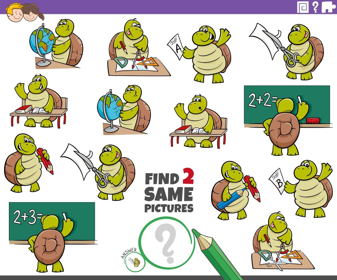 Find two same turtle characters task for kids vector