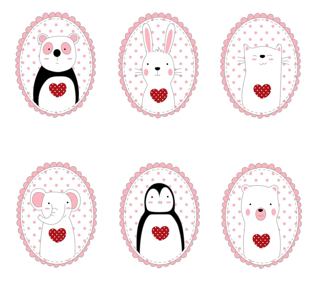 Cute hand drawn animals in oval frames vector