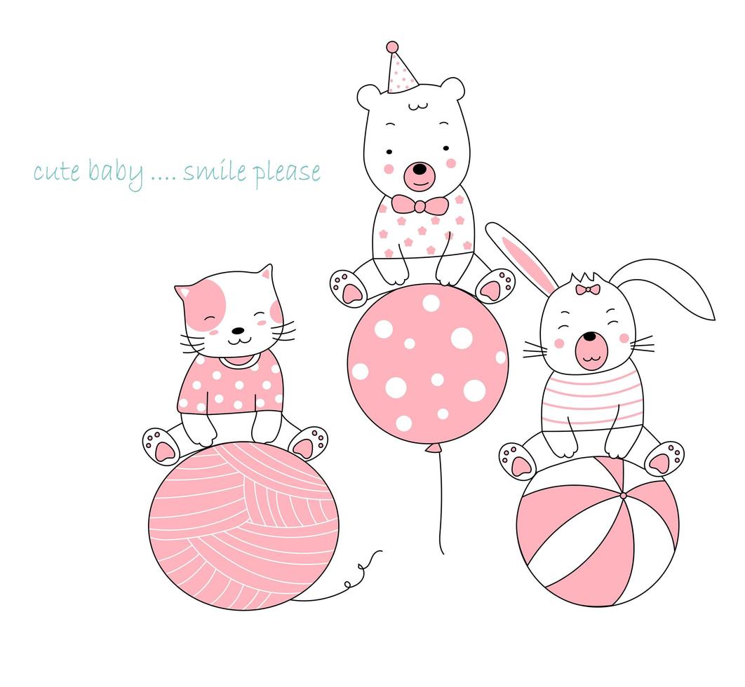 Hand drawn cute animals with yawn, balloon and ball vector