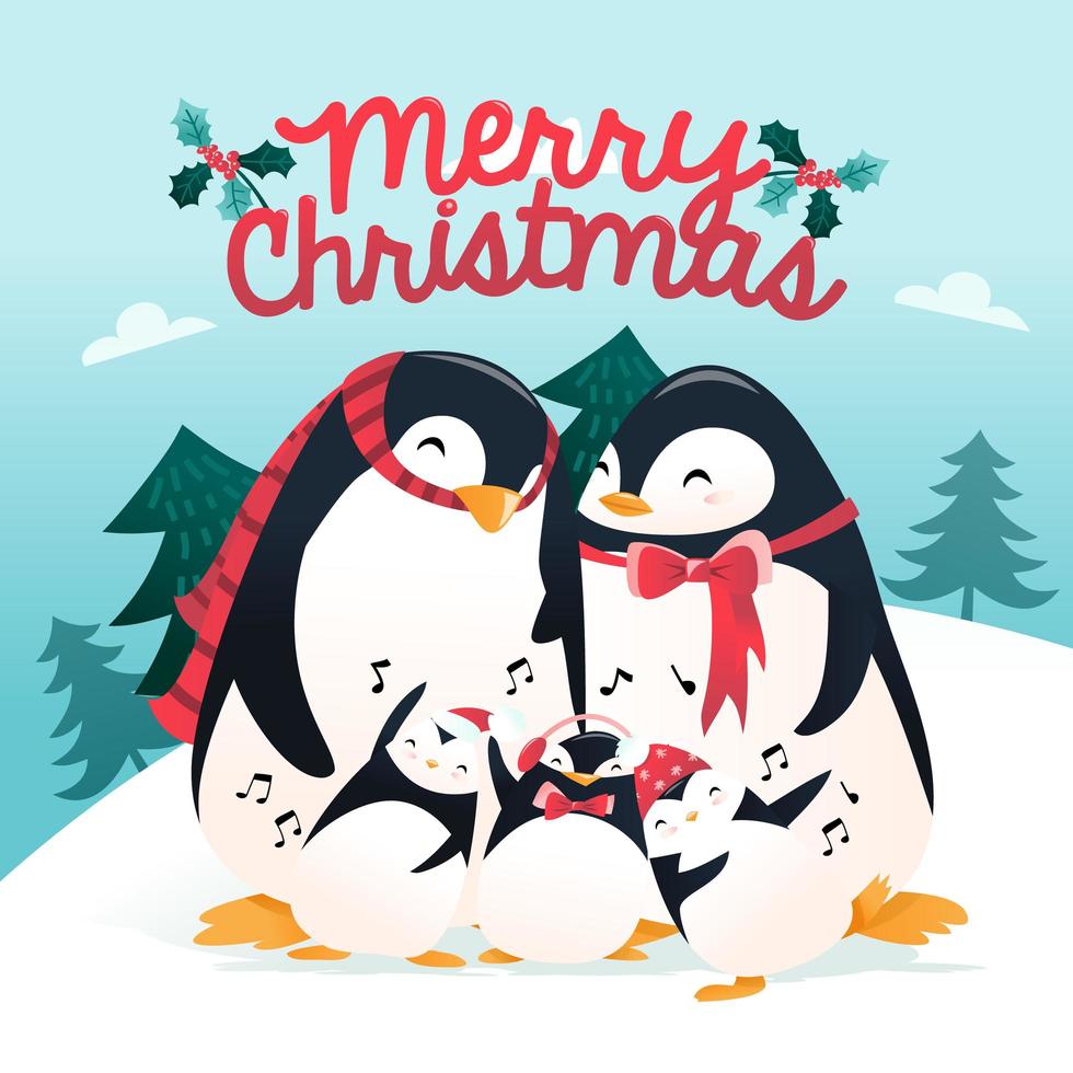 Super Cute Cartoon Holiday Penguin Family Winter Scene vector