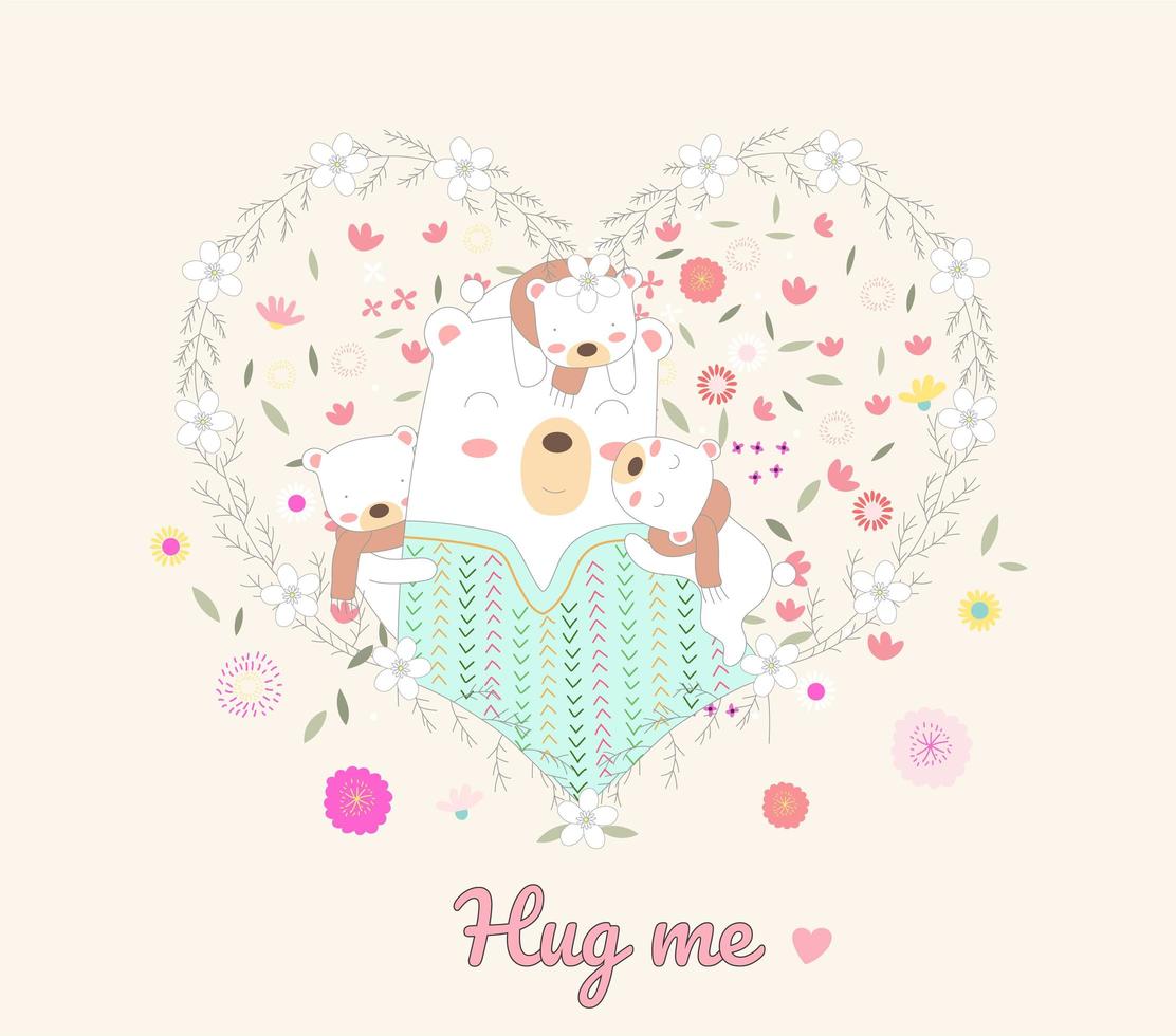 Cute bears hugging in floral heart frame vector