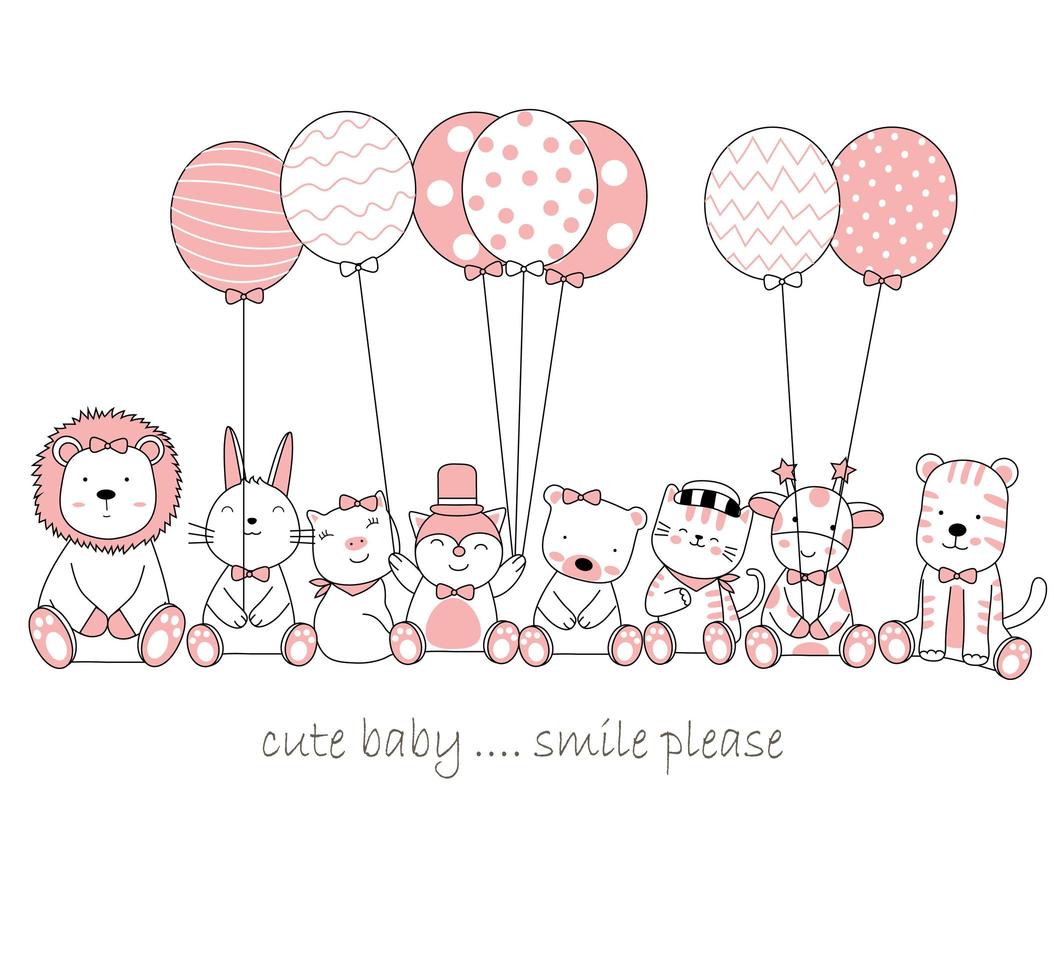 Hand drawn cute baby animals with balloons vector