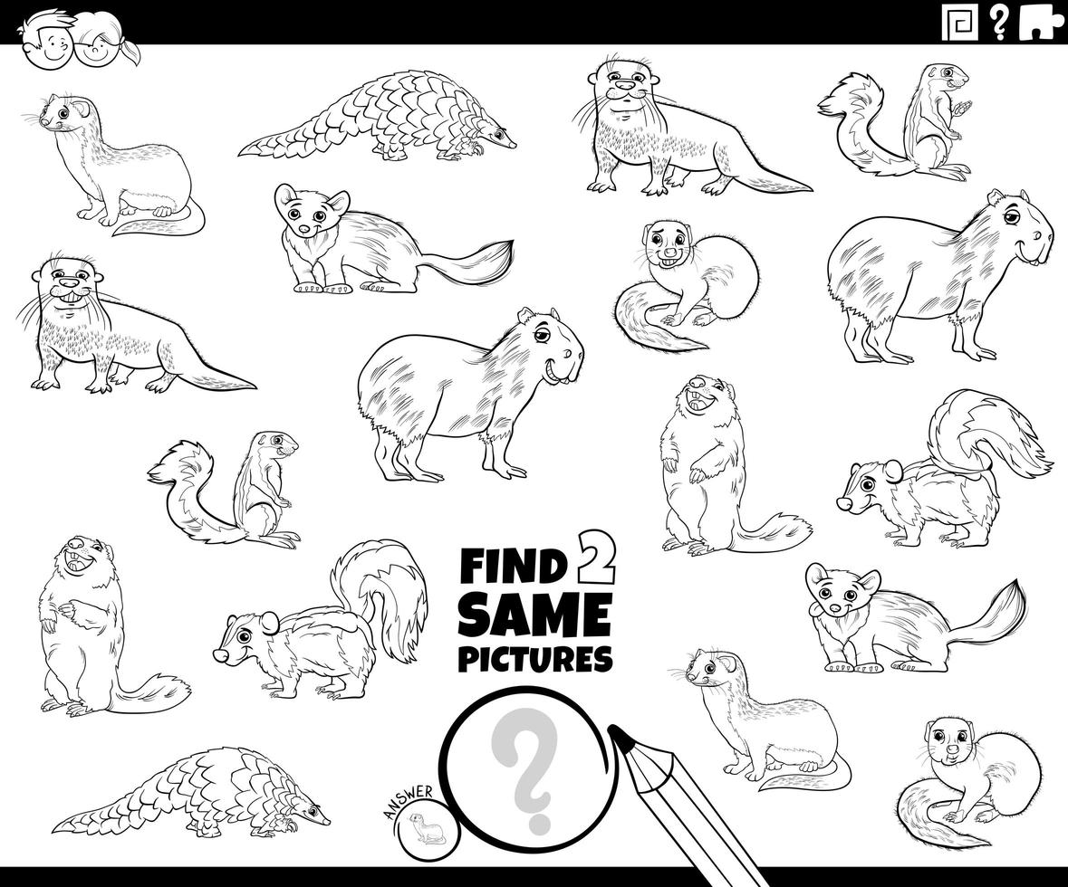 Find two same animal characters color book page vector