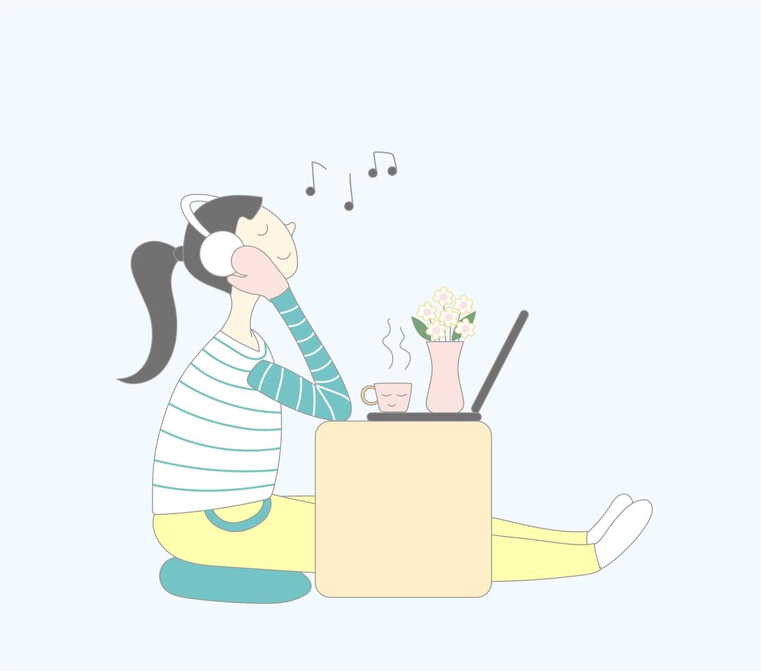 Happy girl listens to music on coffee time vector