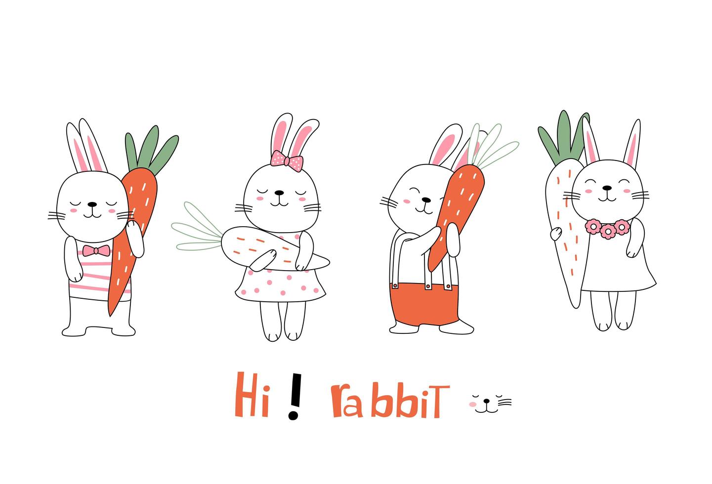 Hand drawn cute posture baby rabbits with carrots vector