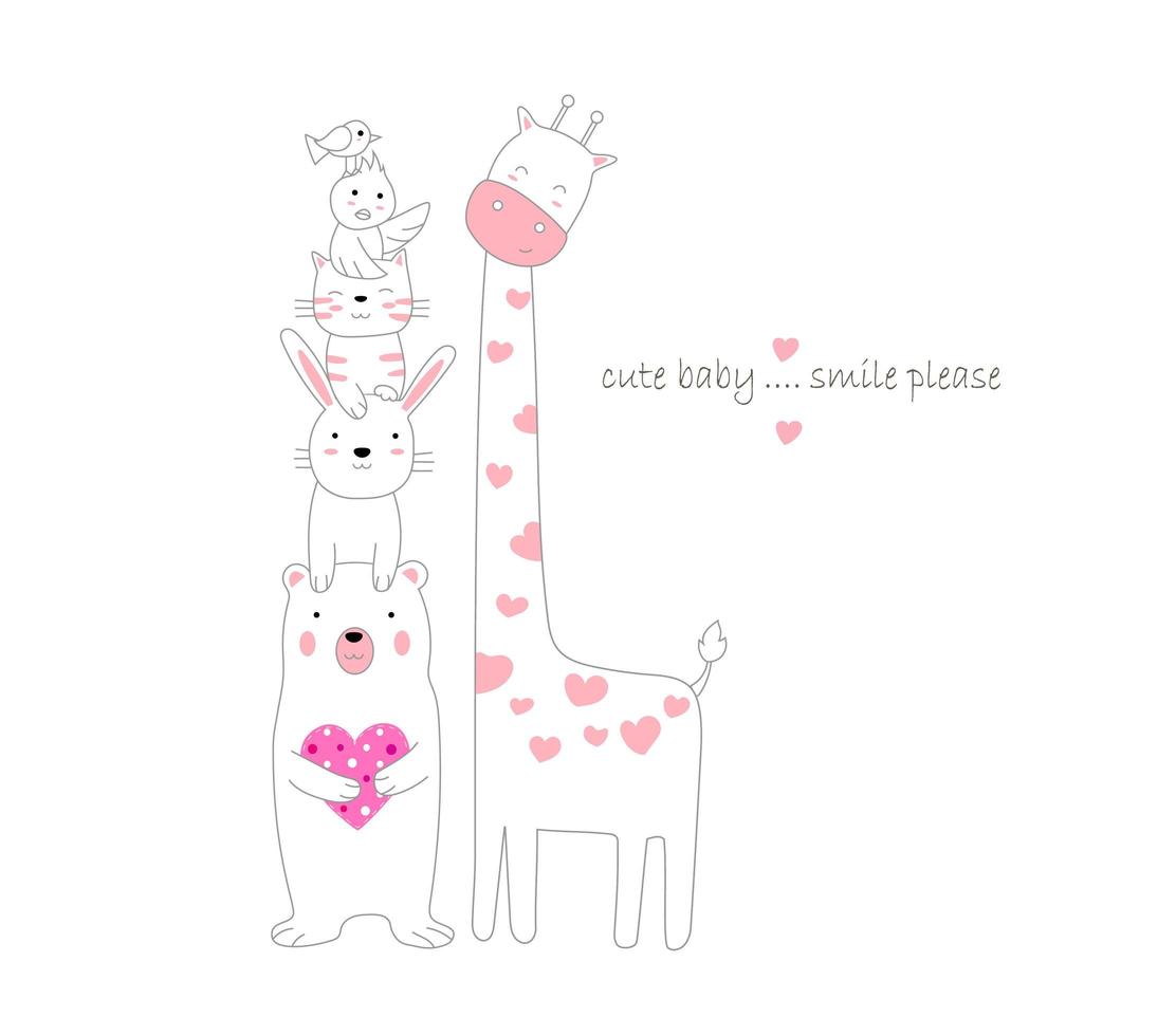 Cute animals stacked next to giraffe vector