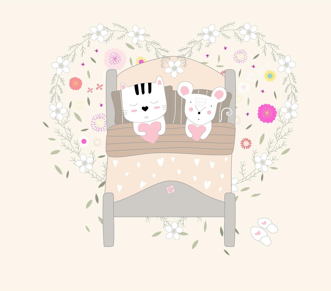 Cute baby cat and rat in bed vector