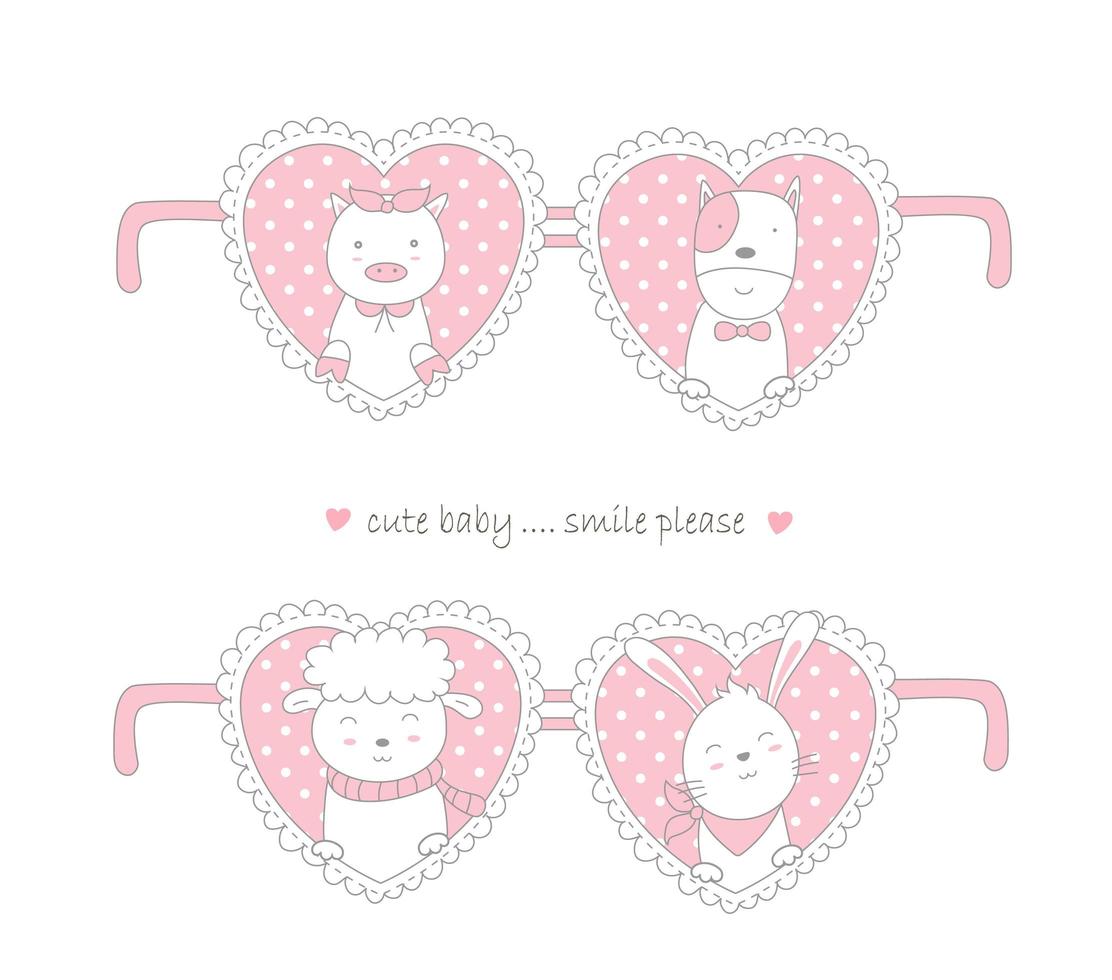 Valentine day design with cute animals in hearts vector