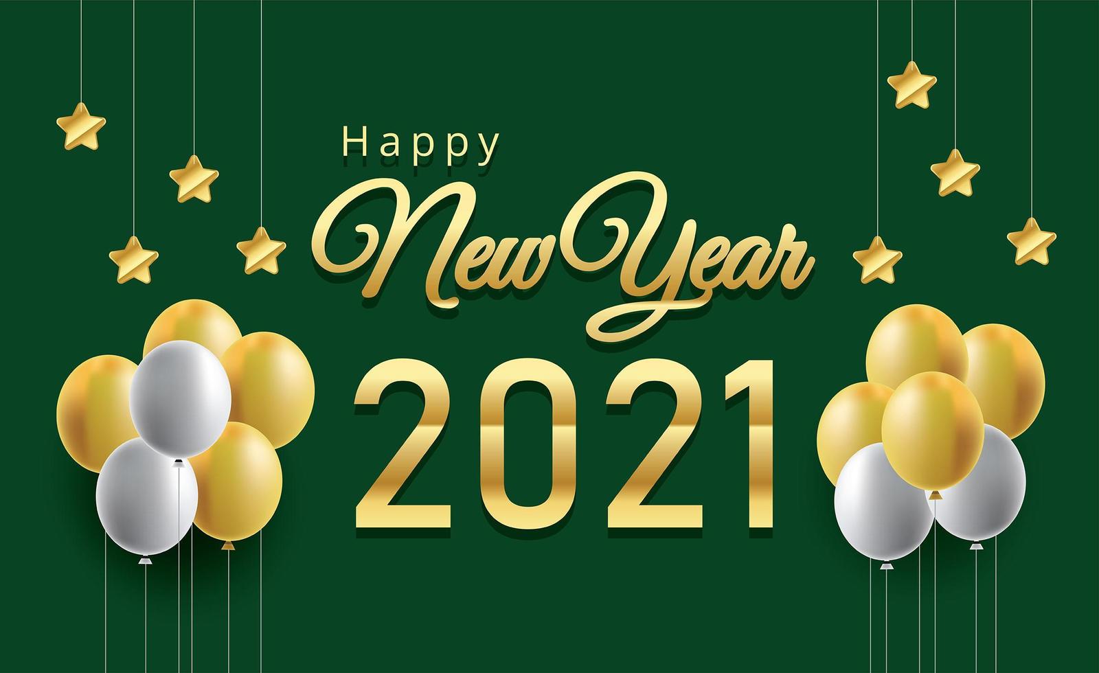 Happy new year balloons and golden metal numbers vector