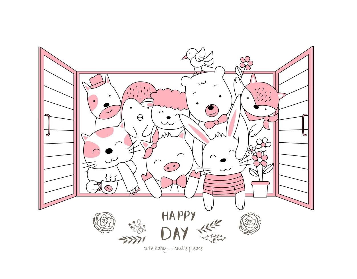 Cute baby animals in window vector