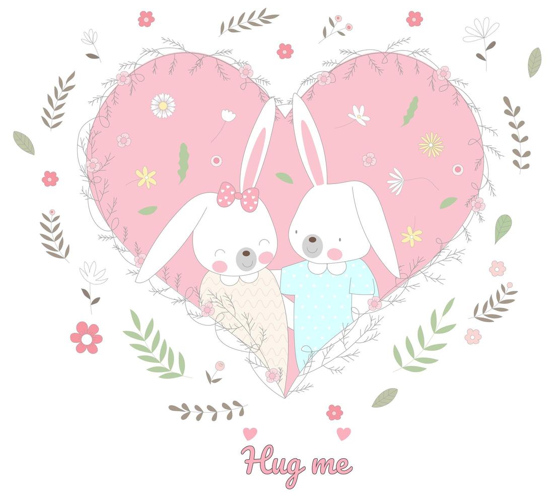 Cute baby rabbits in floral heart vector