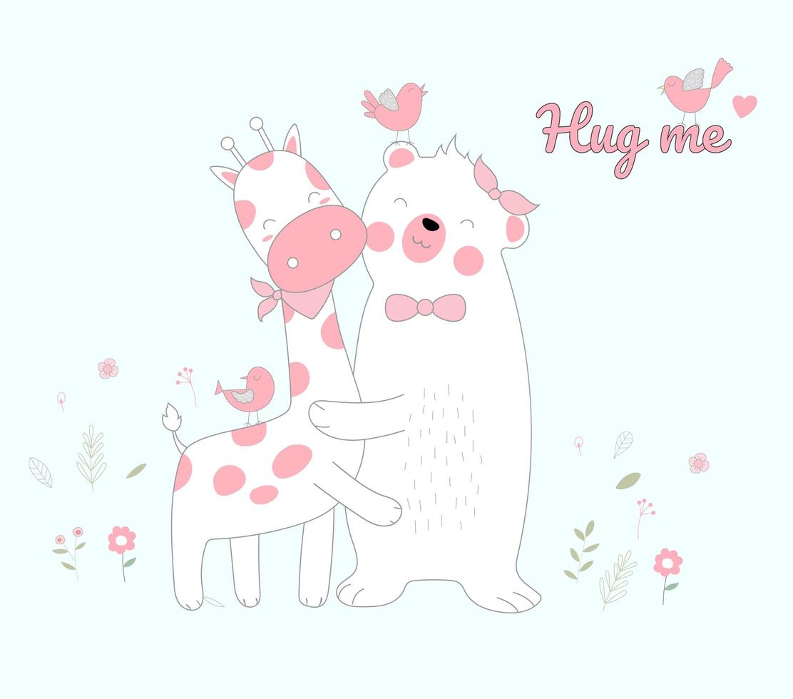 Hand drawn style white bear and giraffe hugging vector