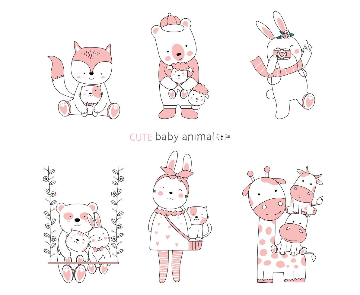 Hand drawn cute baby animals vector