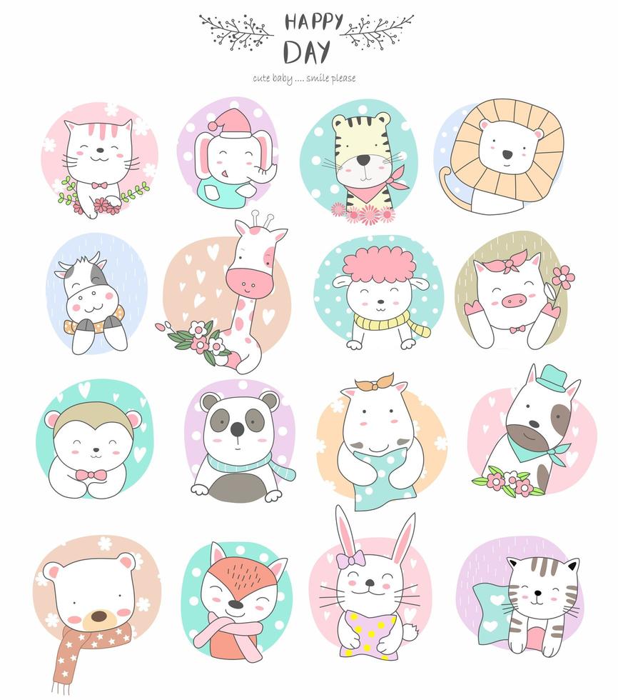 Hand drawn cute baby animals in patterned circle frames vector