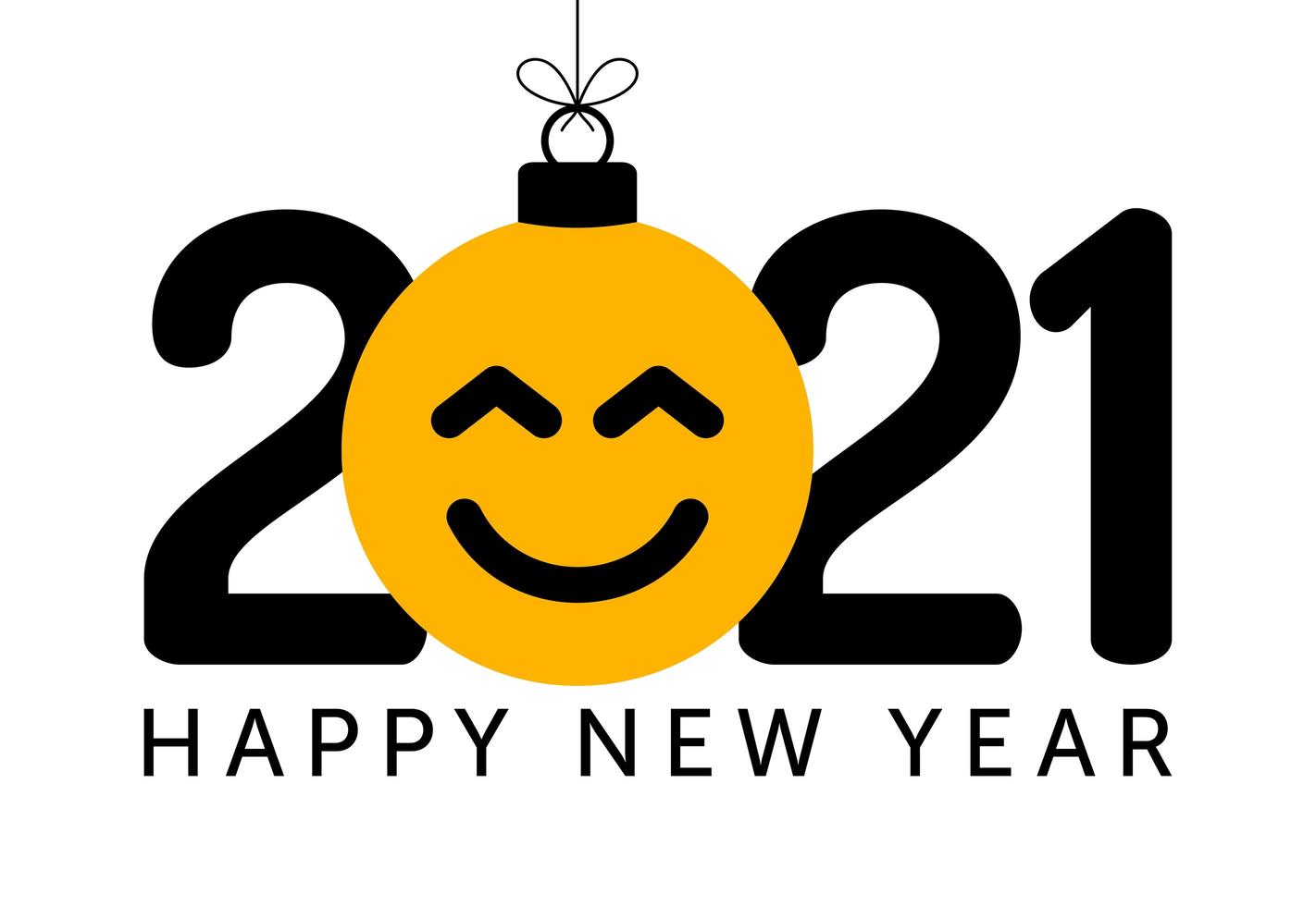 Saludo de año nuevo 2021 con adorno de cara sonriente emoji vector