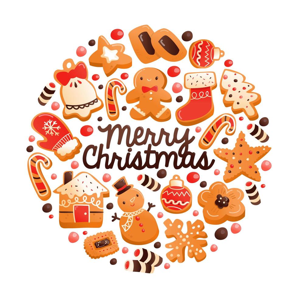 súper lindo pan de jengibre galletas de navidad decoración redonda vector