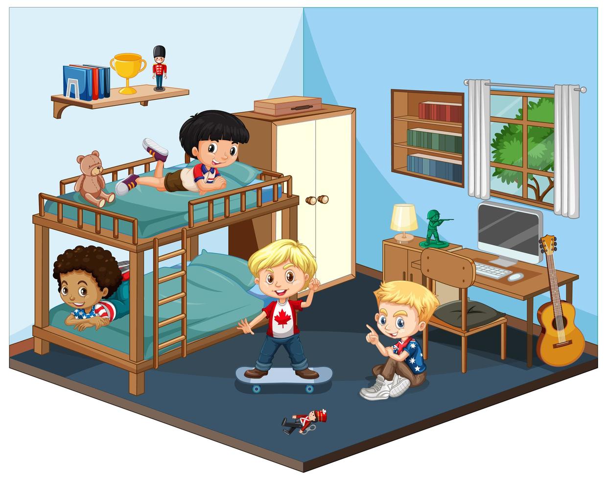 Kids in the bedroom scene on white background vector