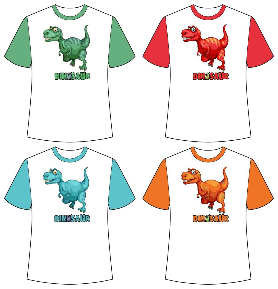 conjunto de pantalla de dinosaurio de diferentes colores en camisetas vector