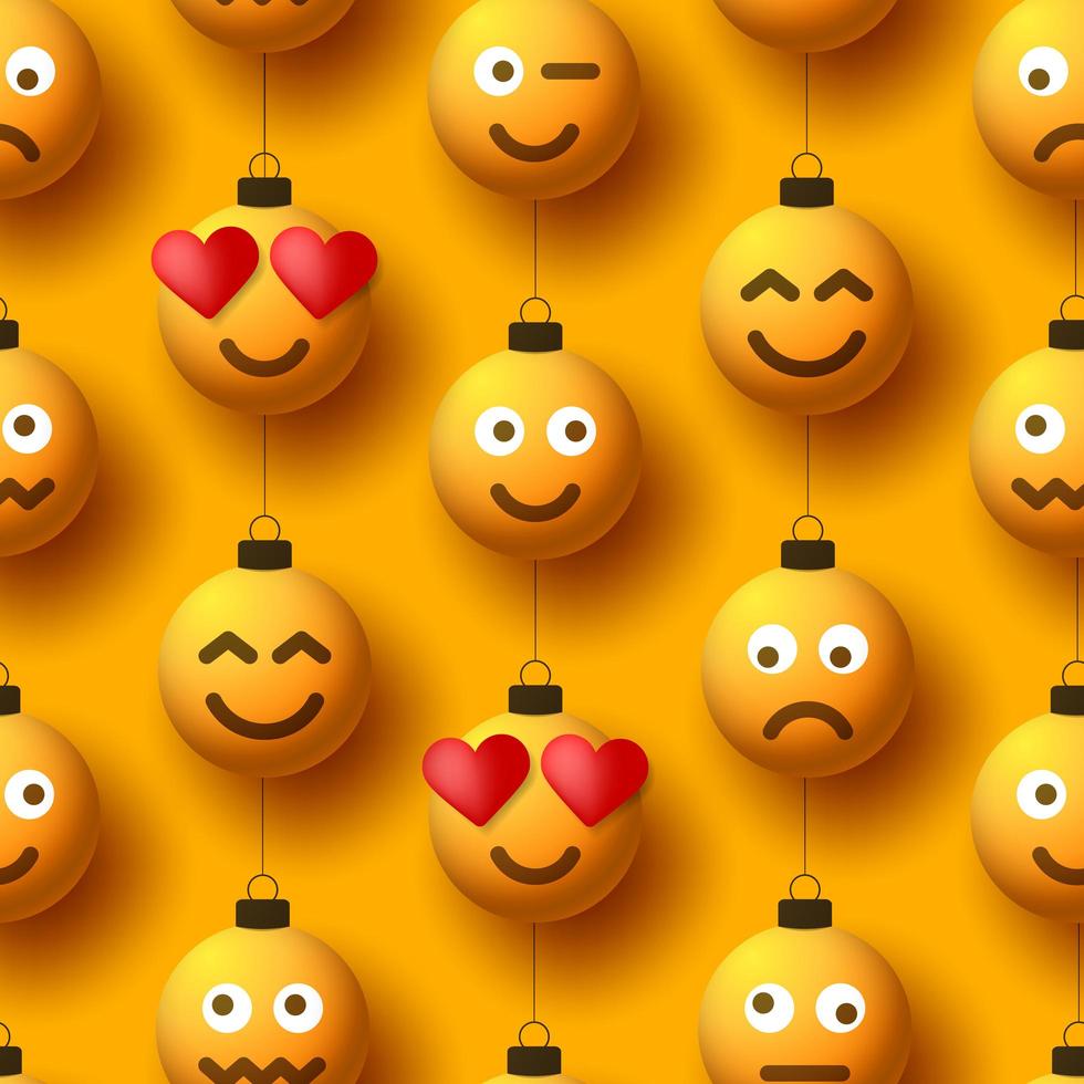 emoji amarillo bola de navidad adornos de patrones sin fisuras vector